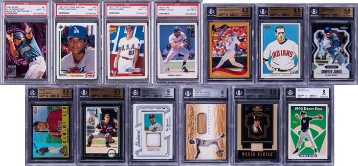 Lot Of (13) 1990-2010 MLB Superstars Card Collection Including Alex Rodriguez Rookie Card, Derek Jeter Rookie Card & Barry Bonds Bat Relic Card